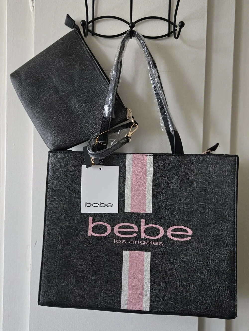 bebe Black and Pink Logo Stripe Tote - Picture 1 of 6